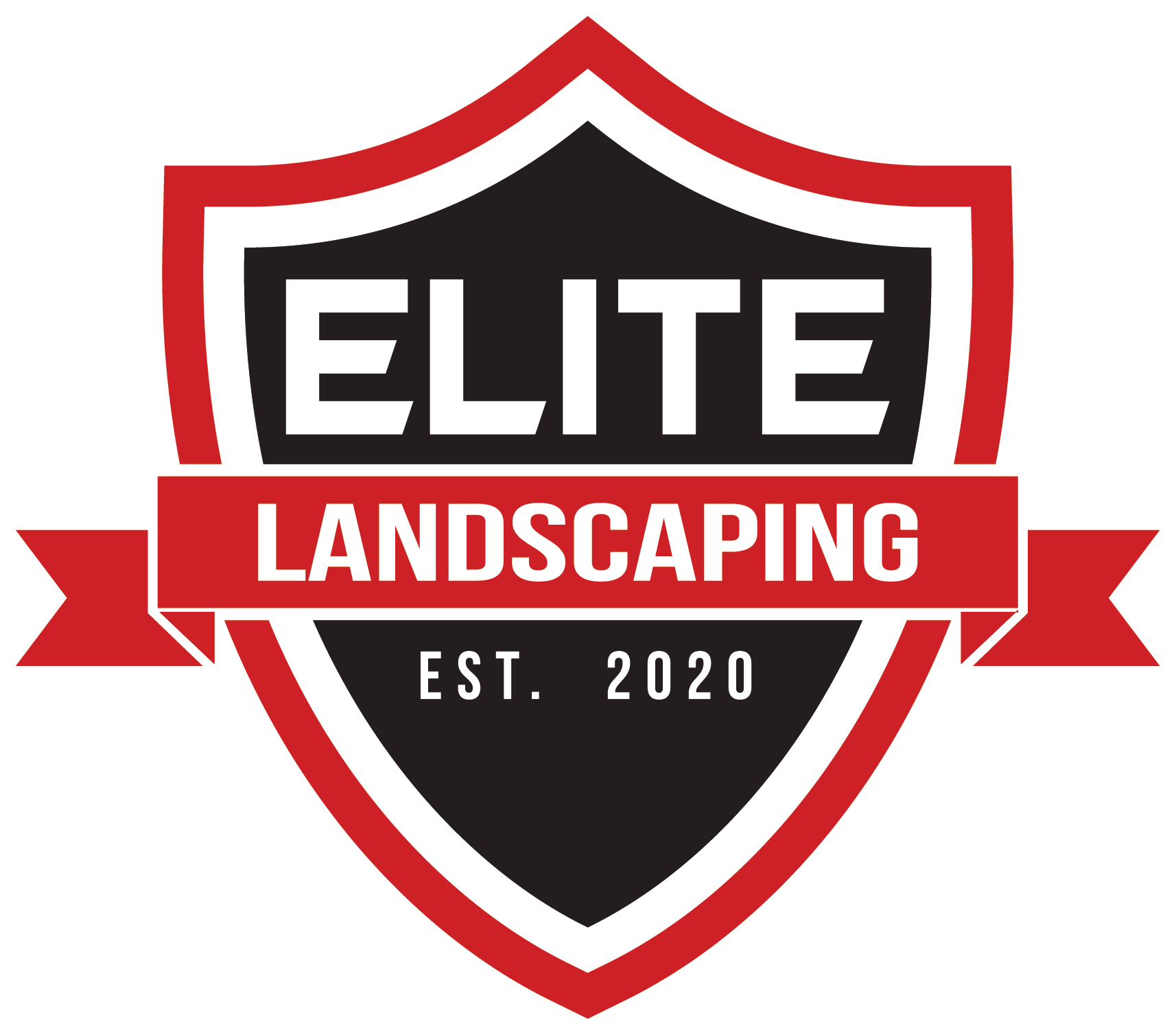 Logo for "Elite Landscaping," established in 2020. Features a red and black shield design with a ribbon and prominent lettering.