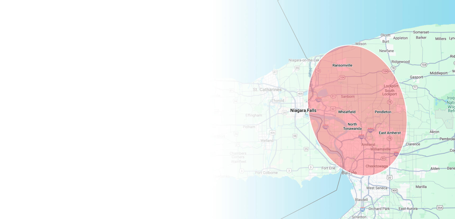 Map highlighting an area in western New York, including Niagara Falls. The region is marked with a red shaded circle.