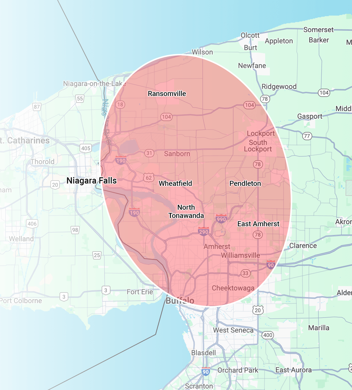 Map highlighting the Niagara Falls and Buffalo area, covering cities like Lockport, Pendleton, Ransomville, and North Tonawanda. Borders include St. Catharines, Canada.